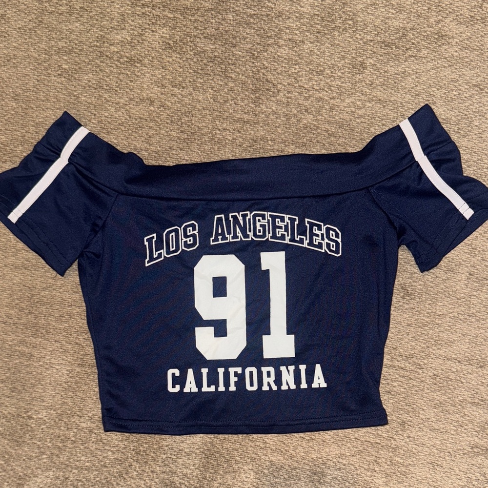 SHEIN Navy Blue 'Los Angeles 91' Off-Shoulder Crop Top